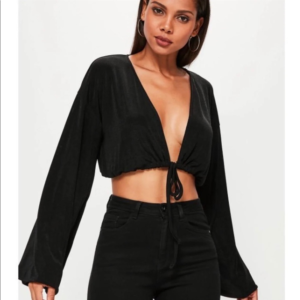 Black long sleeve deep v flowy slinky top